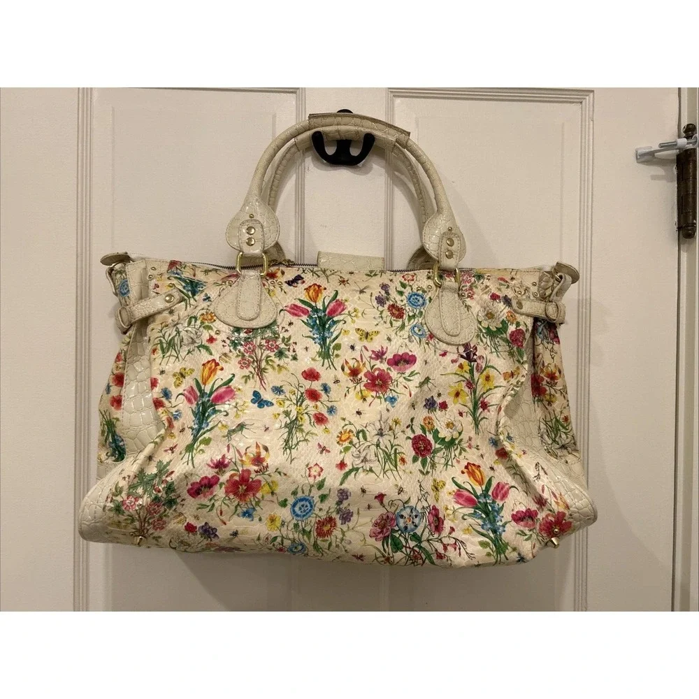 Nicole Lee Large Tote Bag/Purse Cream‎ w Floral Design